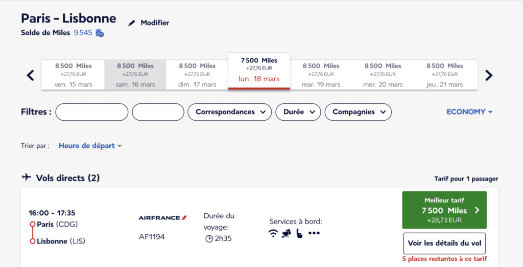 Un vol Paris-Lisbonne en cabine Economy avec Air France pour 7 500 Miles Flying Blue