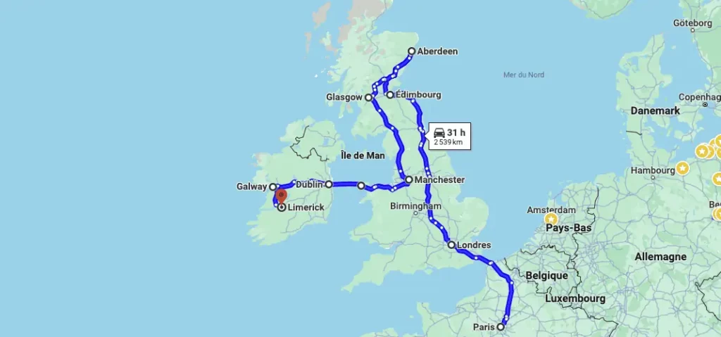 Itinéraire Interrail entre Paris et Limerick