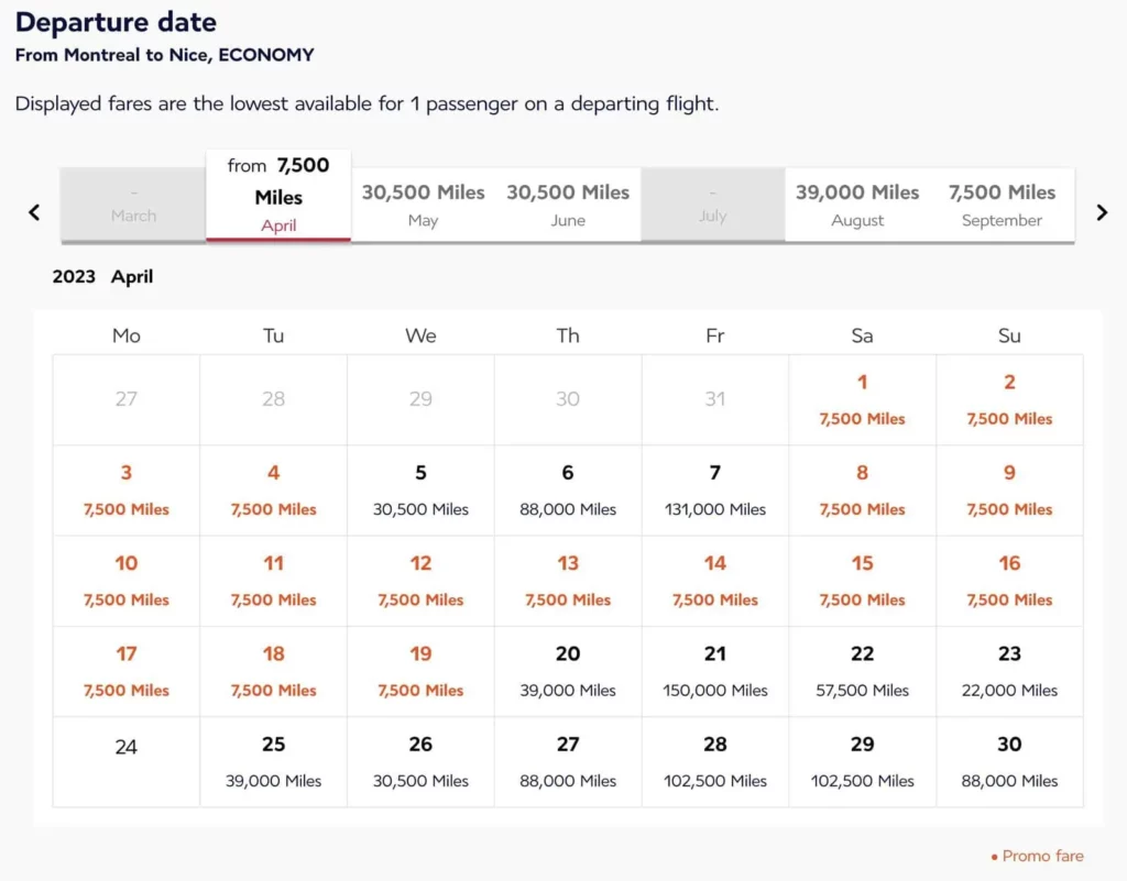 Calendrier Air France des billets Prime Promo