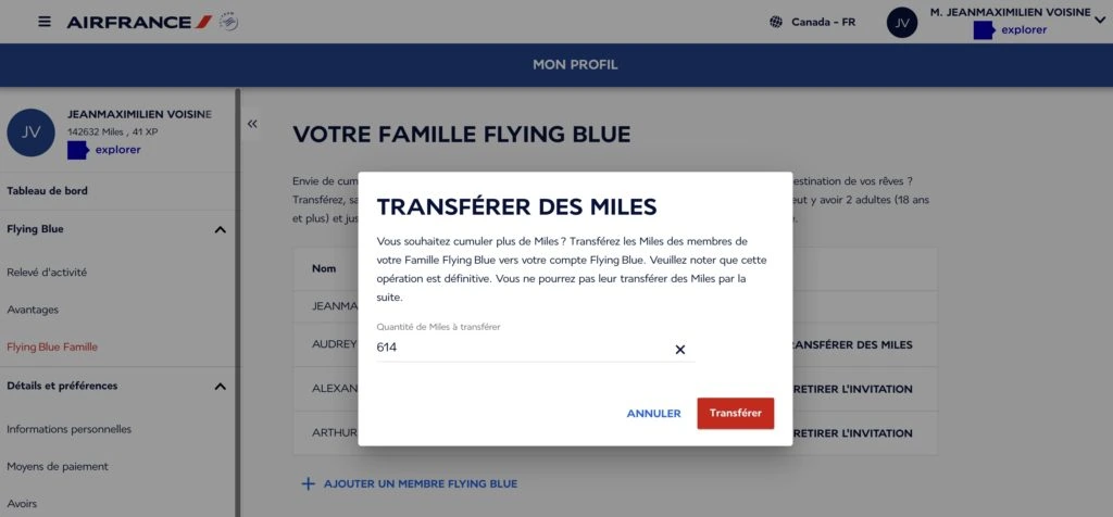 Famille Flying Blue avant transfert