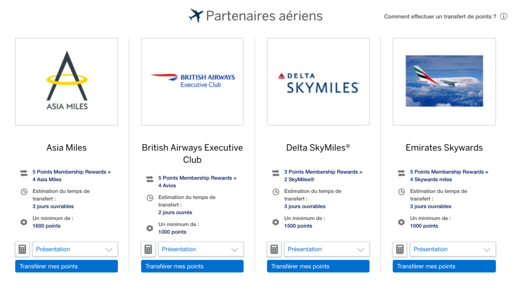 Partenaires aériens American Express Membership Rewards France