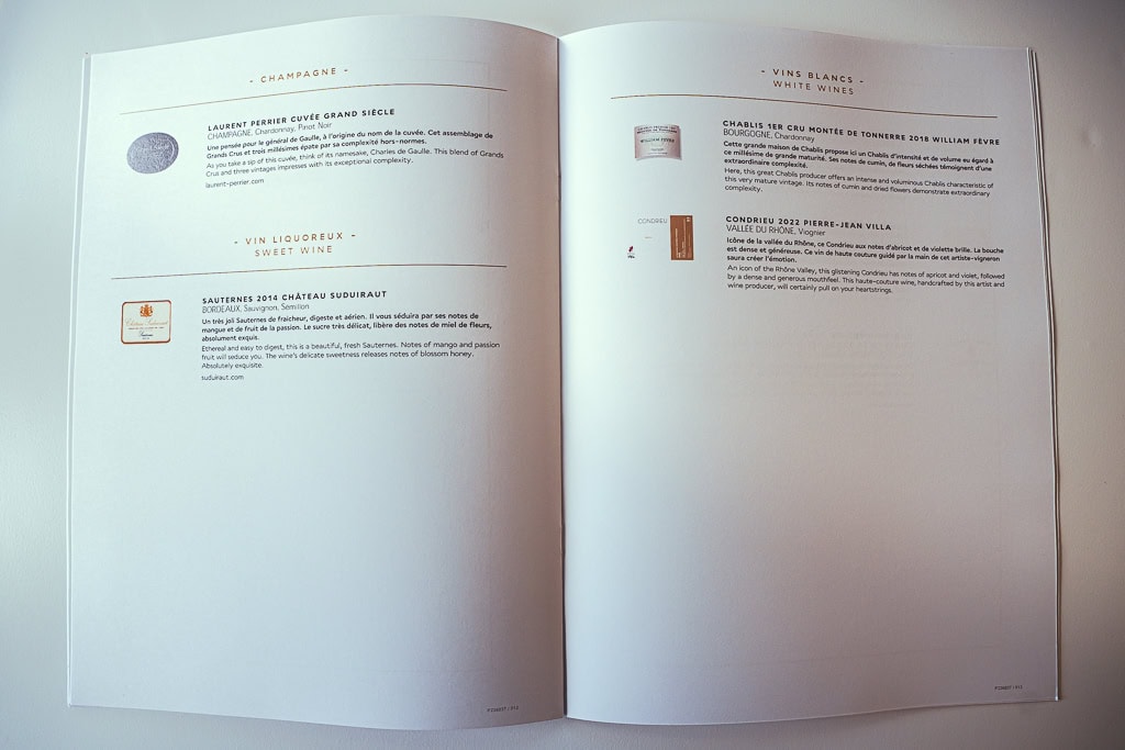 Menu Air France La Premiere