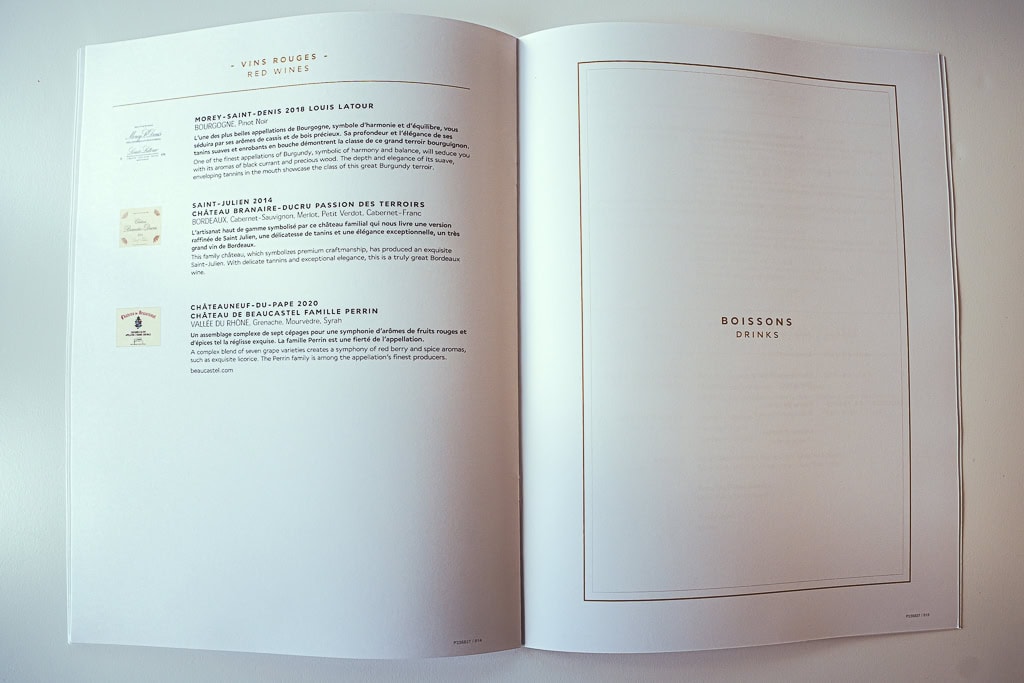 Menu Air France La Premiere