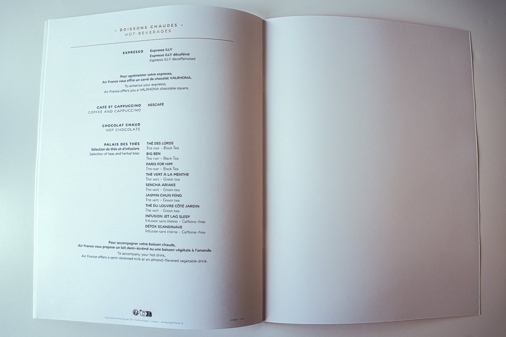 Menu Air France La Premiere