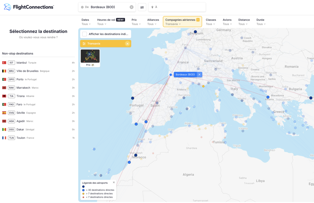 FlightConnections - Destinations Transavia au départ de Bordeaux (BOS)