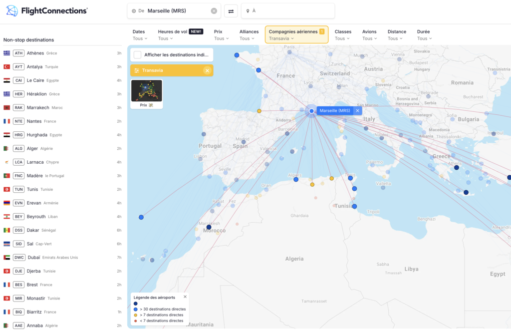 FlightConnections - Destinations Transavia au départ de Marseille (MRS)