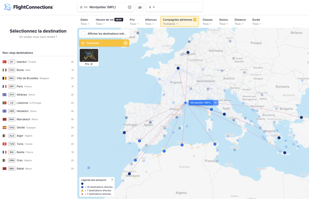 FlightConnections - Destinations Transavia au départ de Montpellier (MPL)