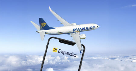 Avion Ryanair et téléphone avec le logo Expedia