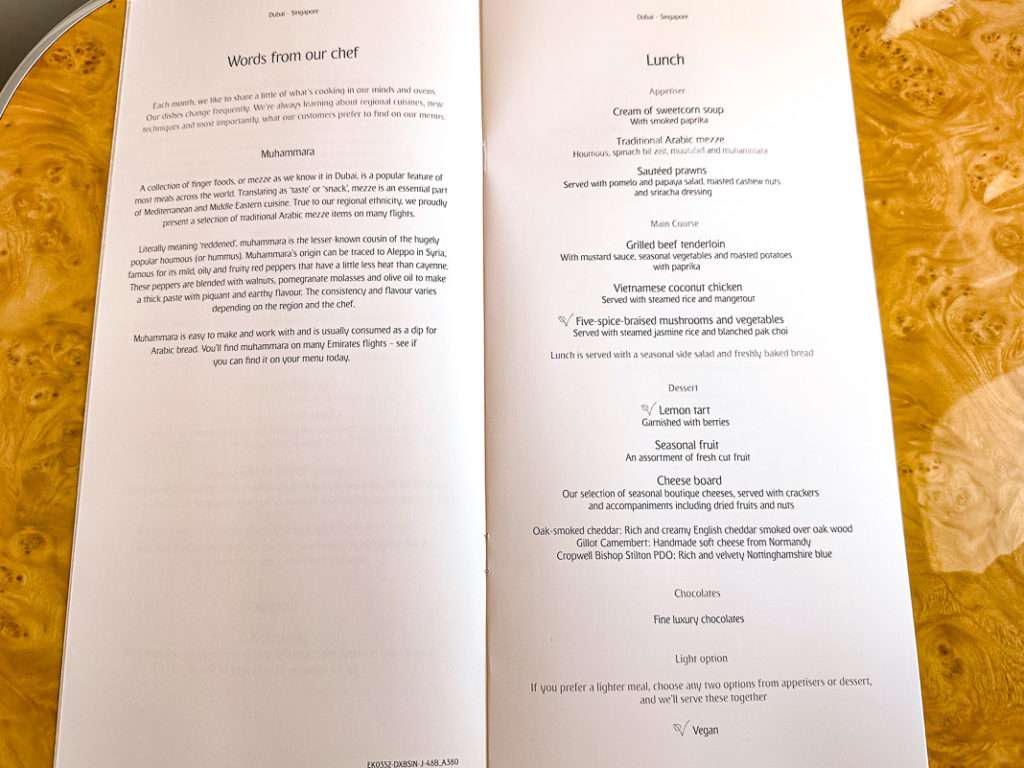 Menu Classe Affaires Emirates A380